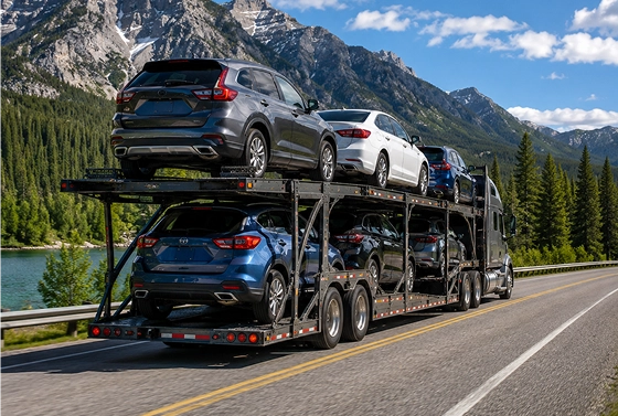 Vehicle carrier transporting cars through the mountains