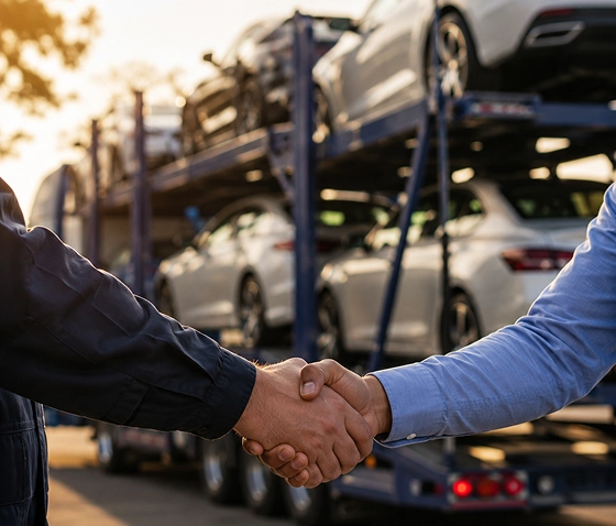 Professional handshake beside a vehicle transport carrier