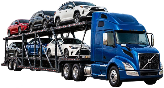 Blue vehicle transport truck carrying cars