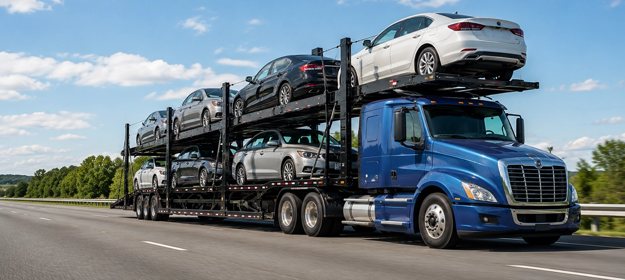 Vehicle transport truck carrying multiple cars on the highway