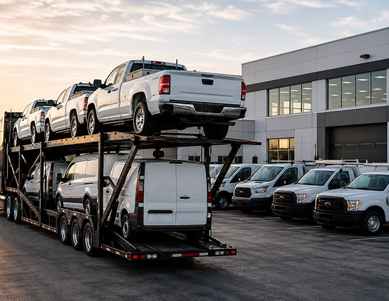 Fleet and business vehicles loaded on a transport carrier